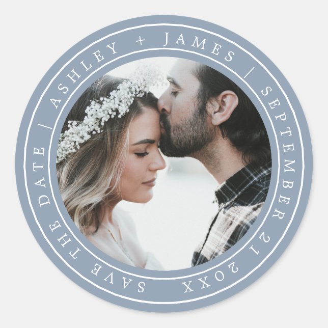 Simple Elegant Save the Date Wedding Photo Blue Classic Round Sticker (Front)