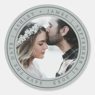 Simple Elegant Save the Date Wedding Photo Gray Cl Classic Round Sticker