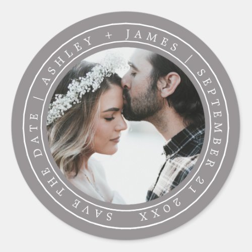 Simple Elegant Save the Date Wedding Photo Gray Classic Round Sticker