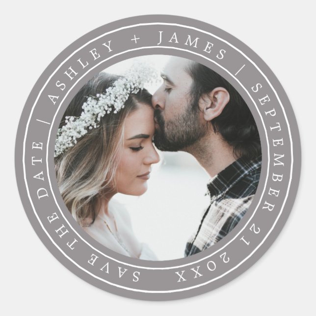 Simple Elegant Save the Date Wedding Photo Gray Classic Round Sticker (Front)