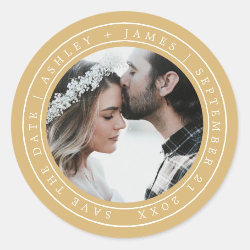 Simple Elegant Save the Date Wedding Photo Yellow Classic Round Sticker