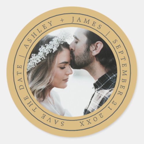 Simple Elegant Save the Date Wedding Photo Yellow  Classic Round Sticker