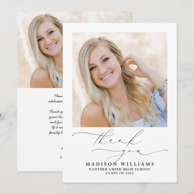 Simple Elegant Script 2 Photo Graduation Thank You Card (Front/Back)