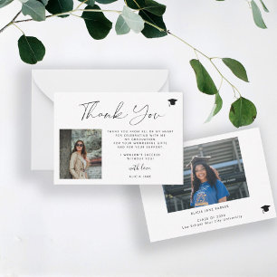 Simple elegant script 2 photo graduation thank you note card