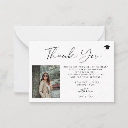 Simple elegant script 2 photo graduation thank you note card | Zazzle