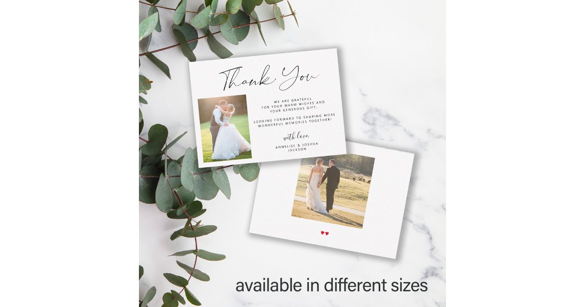 Simple elegant script 2 photos wedding thank you note card | Zazzle
