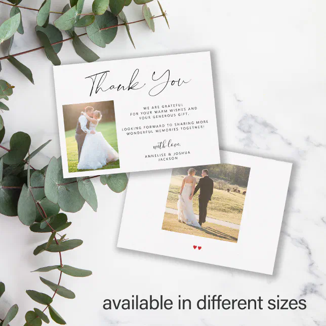 Simple elegant script 2 photos wedding thank you note card | Zazzle