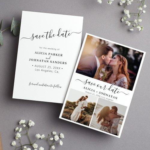 Simple elegant script 3 photo collage wedding save the date