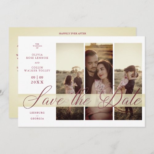 Simple Elegant Script 3 Photos Couple in Faux Gold Save The Date