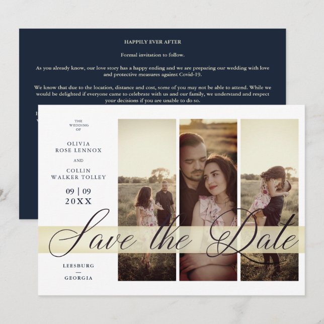 Simple Elegant Script 3 Photos Couple in Navy Save The Date (Front/Back)