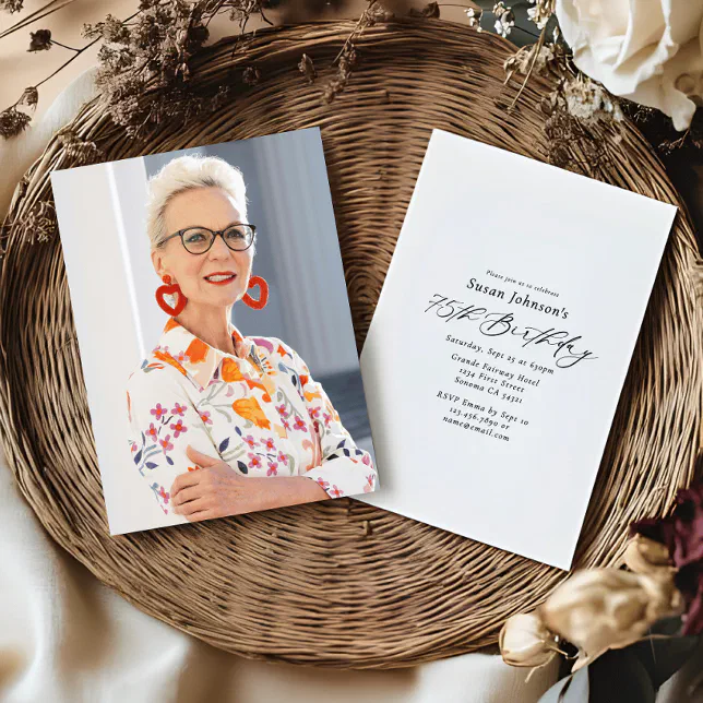 Simple Elegant Script 75th Birthday Party Photo Invitation | Zazzle