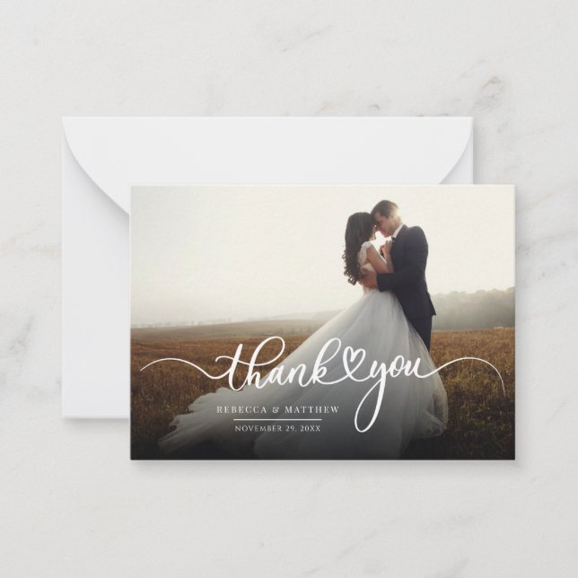 Simple Elegant Script and Photo Wedding Thank You  Note Card (Front)