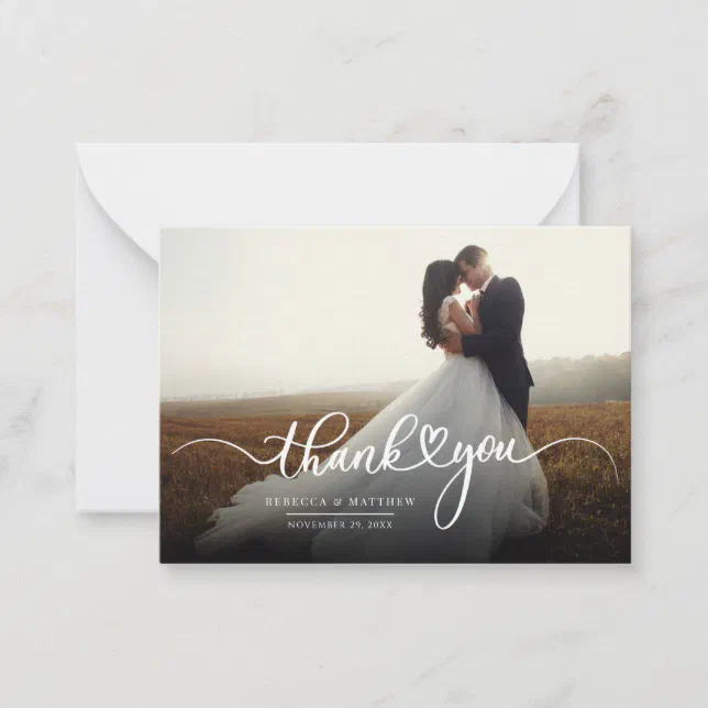 Simple Elegant Script and Photo Wedding Thank You Note Card | Zazzle