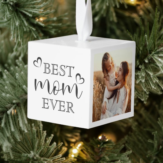 Simple Elegant Script Best Mom Ever Custom Photo  Cube Ornament (Tree)