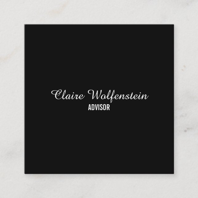 Simple Elegant Script Black and White Square Business Card (Front)