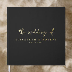 Simple Elegant Script Black Gold Foil Wedding Guest Book