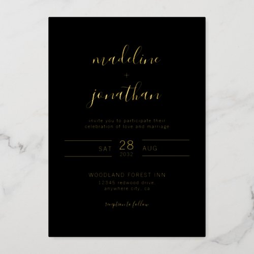 Simple Elegant Script Black Gold Photo Wedding Foil Invitation