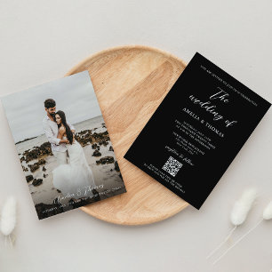 Simple Elegant Script Black Photo QR Code Wedding Invitation