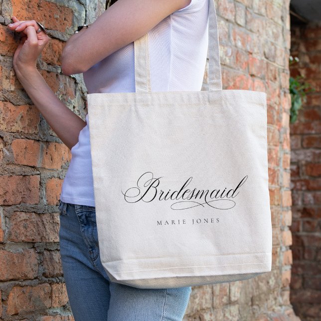 Simple Elegant Script Black & White Bridesmaid Tote Bag (Creator Uploaded)