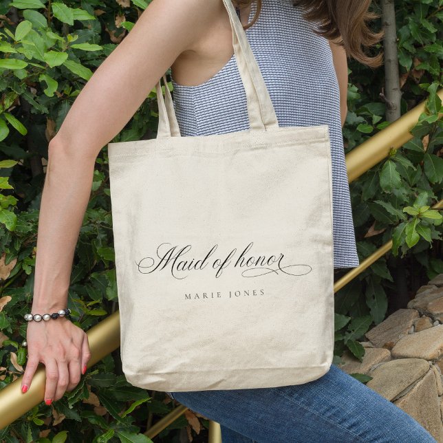 Simple Elegant Script Black & White Maid of Honor Tote Bag (Creator Uploaded)