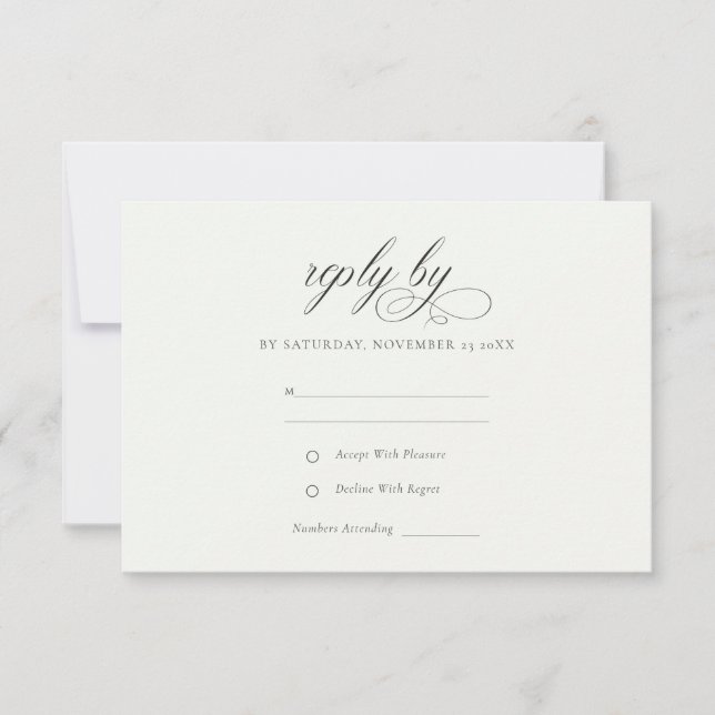 Simple Elegant Script Black & White Wedding RSVP Card (Front)