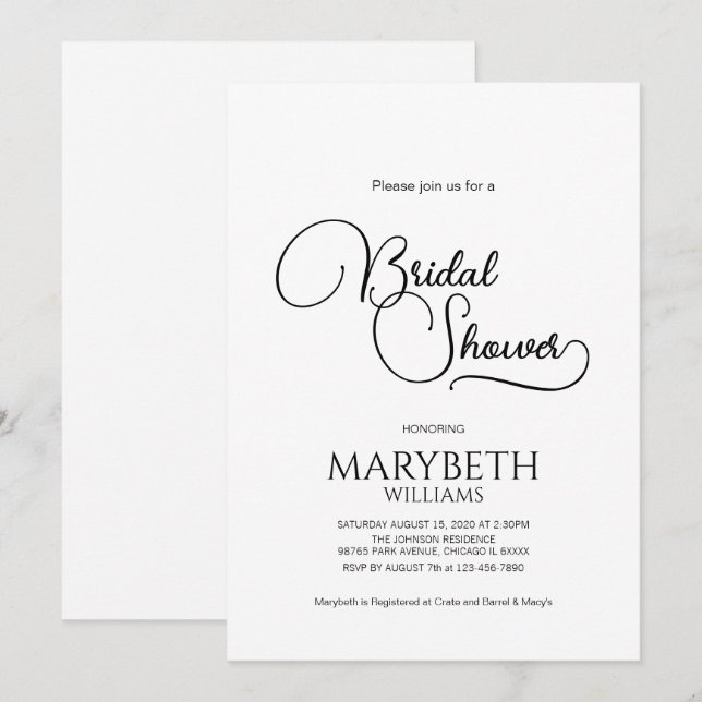 Simple Elegant Script Bridal Shower Invitation (Front/Back)
