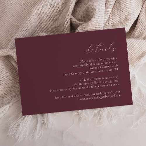 Simple Elegant Script Burgundy Wedding Details Enclosure Card