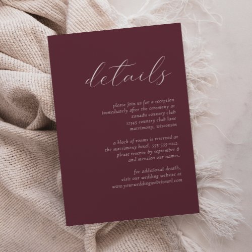 Simple Elegant Script Burgundy Wedding Details  Enclosure Card