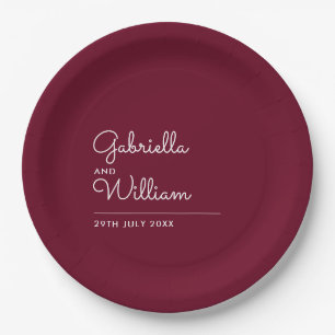Simple Elegant Script Burgundy Wedding Paper Plates