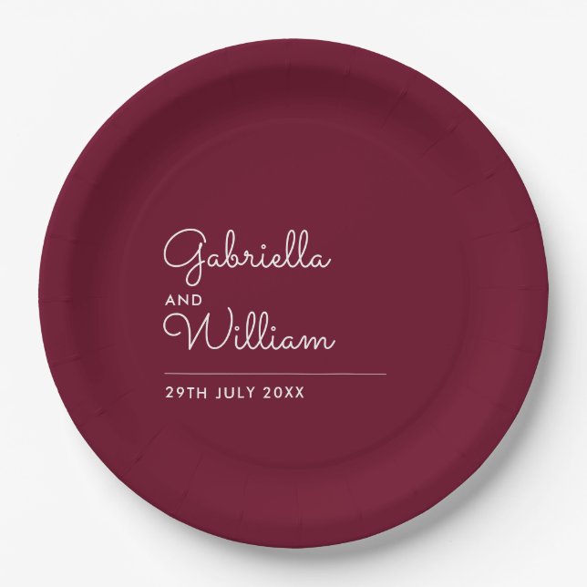 Simple Elegant Script Burgundy Wedding Paper Plates (Front)
