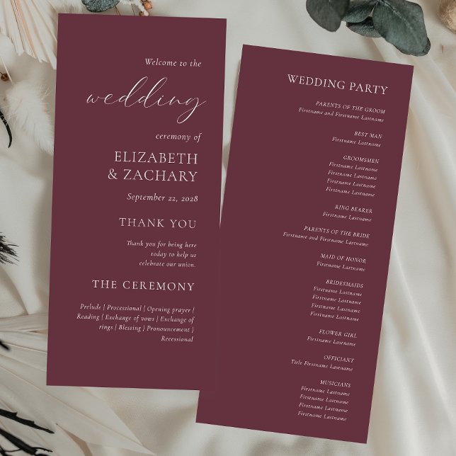 Simple Elegant Script Burgundy Wedding Program (Creator Uploaded)