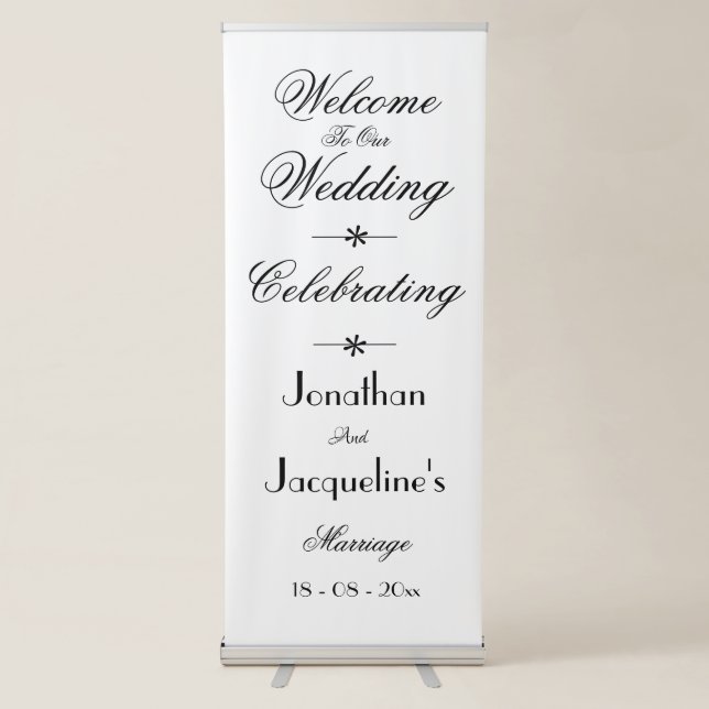 Simple Elegant Script Chic White Wedding Welcome Retractable Banner (Front)