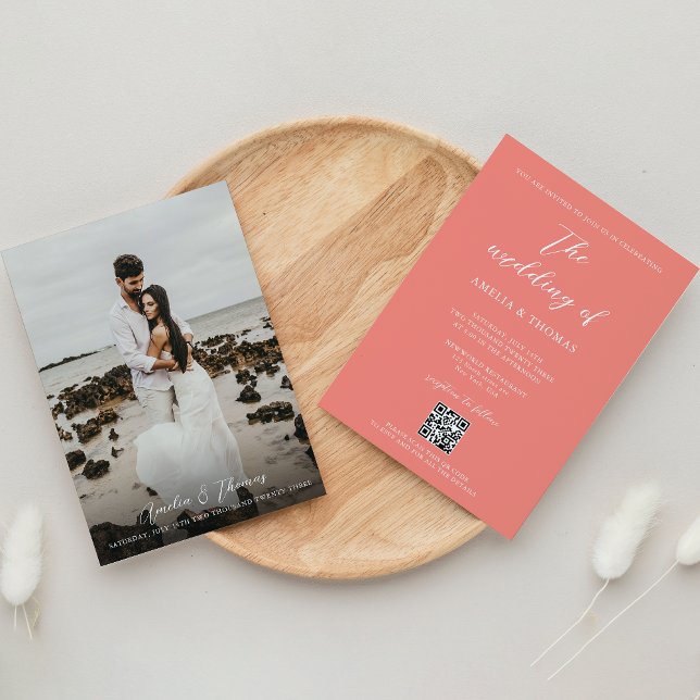 Simple Elegant Script Coral Pink QR Code Wedding Invitation (Creator Uploaded)