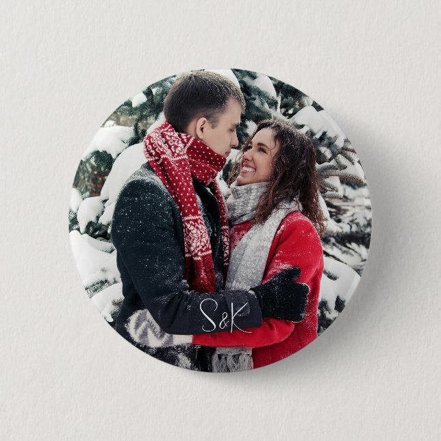 Simple Elegant Script Couple Photo and Initials Button (Front)