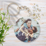 Simple Elegant Script Couple Photo Keychain<br><div class="desc">Personalize with your favourite couple photo,  featuring a beautiful white script font with the word love,  creating a unique memory and gift to treasure! Perfect for wedding favor gifts. Designed by Thisisnotme©</div>
