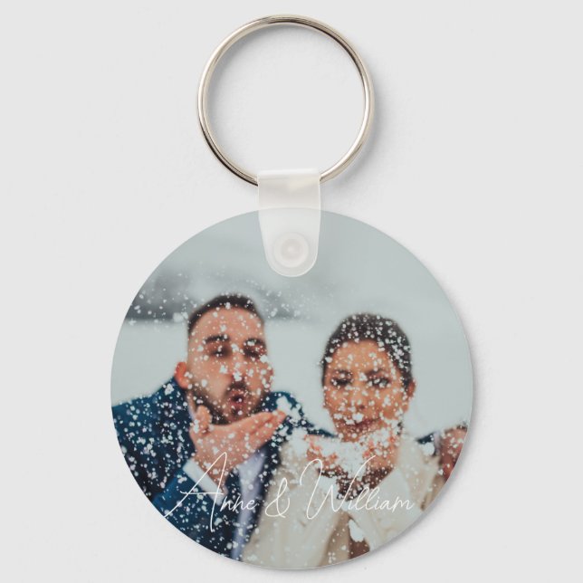  Simple Elegant Script Couple Photo Keychain (Front)