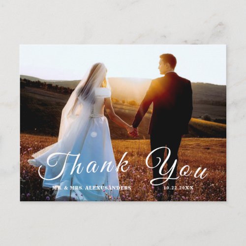 Simple Elegant Script Custom Photo Wedding Thank U Postcard