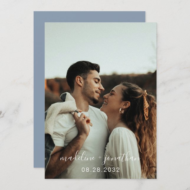 Simple Elegant Script Dusty Blue Photo Wedding Invitation (Front/Back)