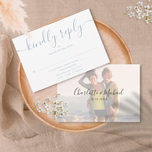 Simple Elegant Script Dusty Blue Photo Wedding RSVP Card