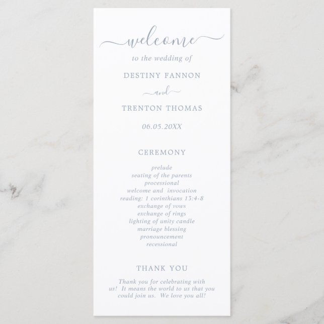 Simple Elegant Script Dusty Blue Wedding Program (Front)