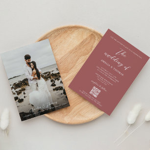 Simple Elegant Script Dusty Rose QR Code Wedding Invitation