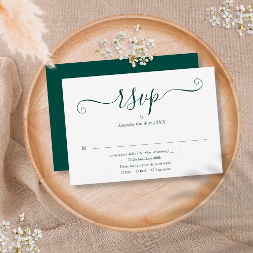 Simple Elegant Script Emerald Green Wedding RSVP Card