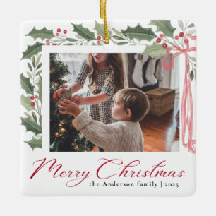 Simple Elegant Script Family Photo Merry Christmas Ceramic Ornament