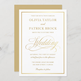 Simple Elegant Script Gold and White Wedding Invitation