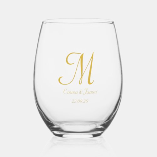 Simple Elegant Script Gold Monogram Wedding  Stemless Wine Glass