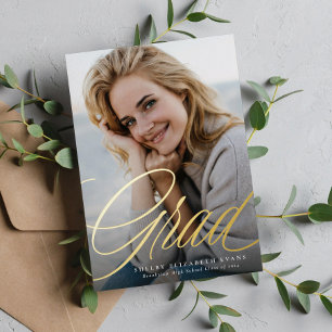 Simple elegant script grad one photo graduation foil invitation