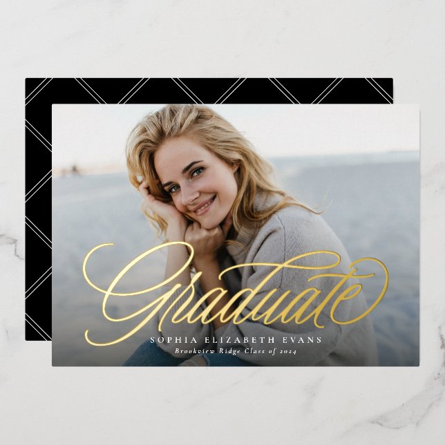 Simple elegant script graduate photo graduation foil invitation (Front/Back)