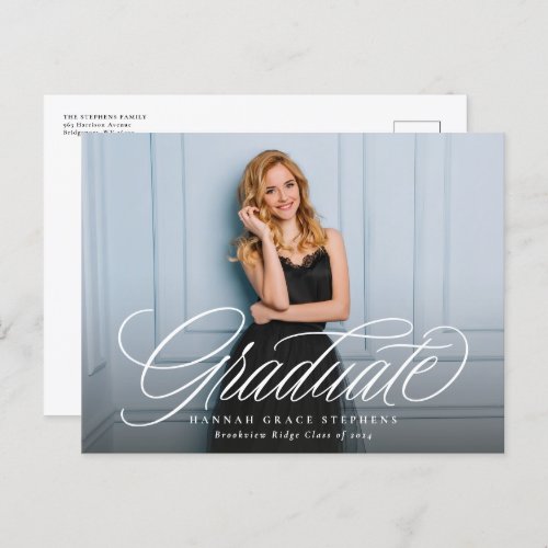 Simple elegant script graduate photo graduation postcard