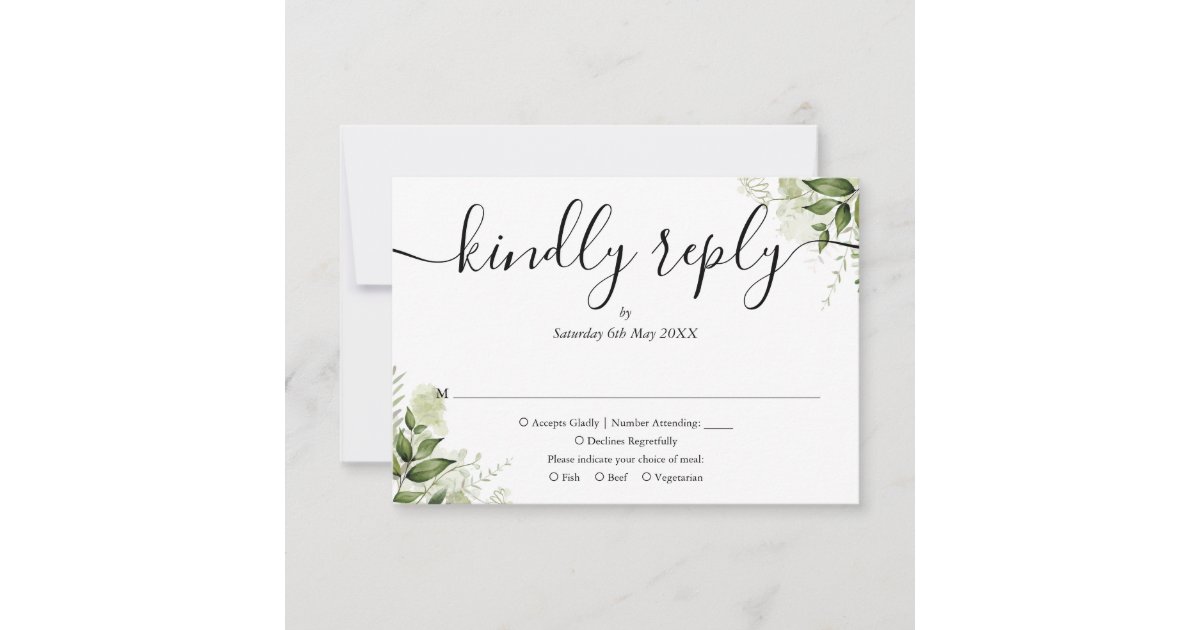 Simple Elegant Script Greenery Leaves Wedding RSVP Card | Zazzle