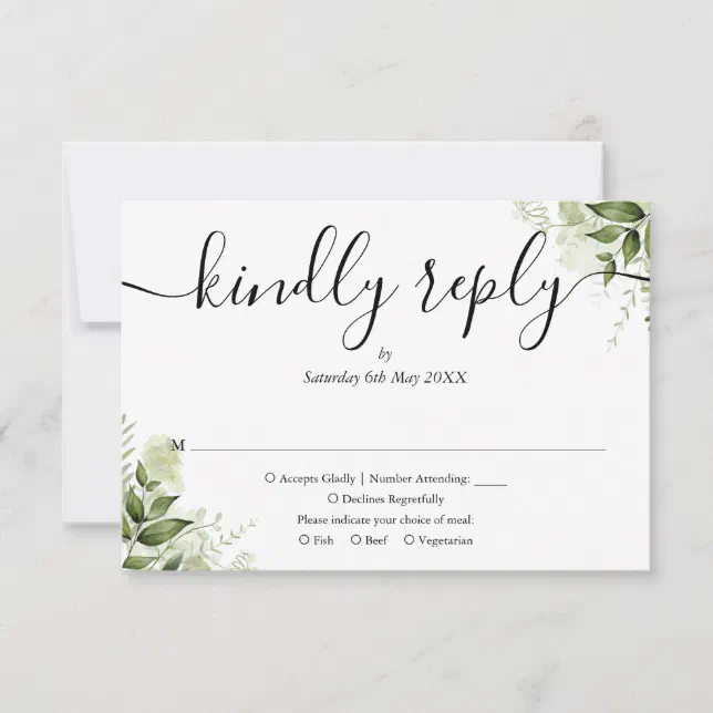 Simple Elegant Script Greenery Leaves Wedding RSVP Card | Zazzle